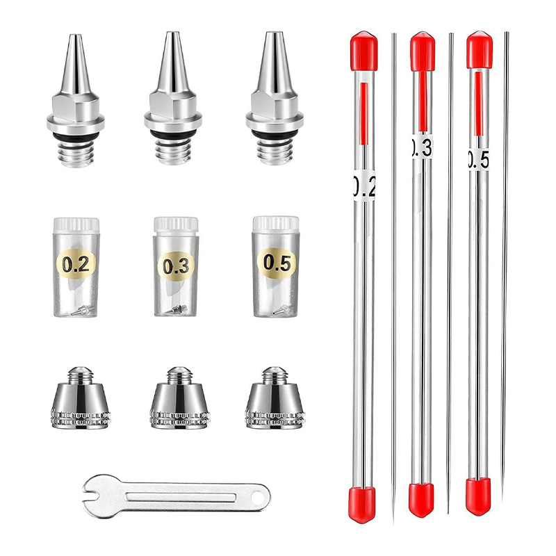 ชุดชิ้นส่วนอะไหล่ Airbrush 10 ชิ้นพร้อมหัวฉีดพู่กัน 0.2 มม. 0.3 มม. และ 0.5 มม. เข็มหัวฉีดและประแจขนาดเล็กสำหรับเครื่องประดับปืนพ่น